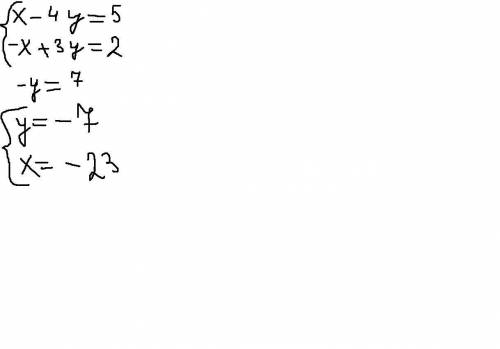 Решить систему уравнений методом слложения х-4у=5 -х+3у=2