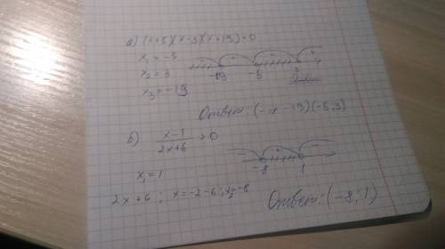 Решить неравенство методом интервалов а)(x+5)(x-3)(x+19)< 0 б)x-1\2x+6> 0