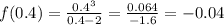 f(0.4)= \frac{0.4^3}{0.4-2}= \frac{0.064}{-1.6} =-0.04