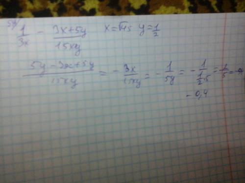 Найдите значение выражения при x=√45 , y=1/2 1/3x - 3x+5y/15xy объясните полностью.
