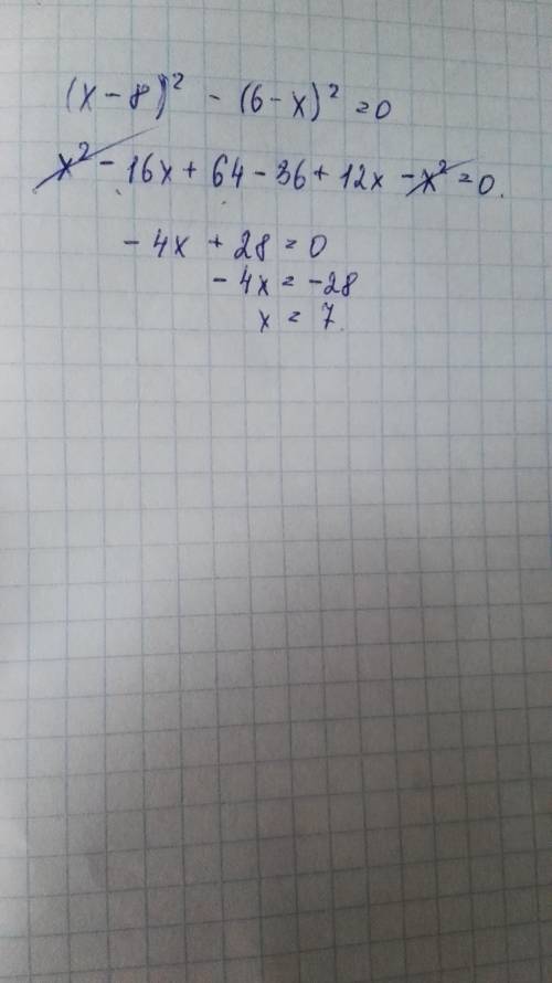 Решите уравнение: (x-8)^2-(6-x)^2=0; с объяснением.