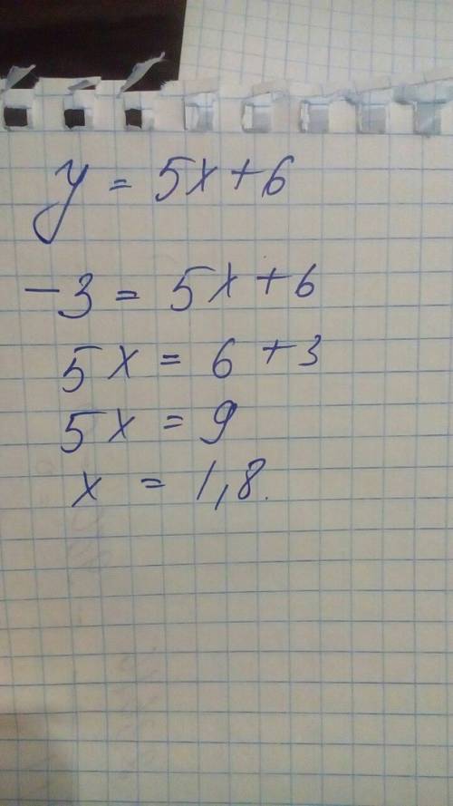 Функция заданная формулой y=5x+6.найдите значение аргумента при котором значение функции равно -3