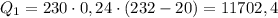 Q_1=230\cdot 0,24\cdot (232-20)=11702,4