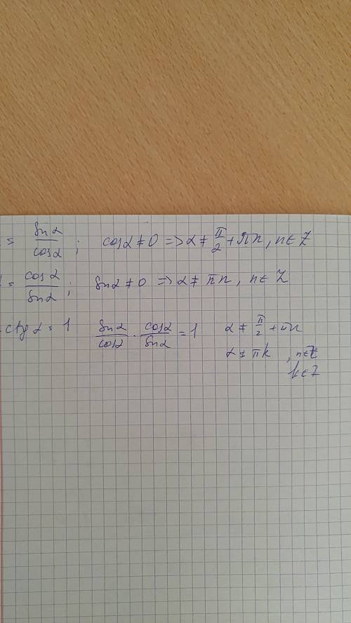 С! для каких значений α имеют смысл тождества tgα=sinα/cosα, ctgα=cosα/sinα, tgα·ctgα=1