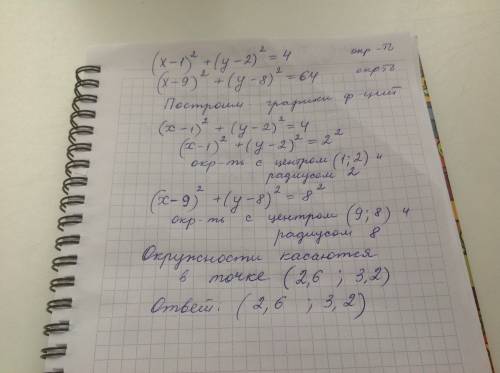 Используя метод координат, решите систему уравнений: (х-1)^2+(y-2)^2=4 (x-9)^2+(y-8)^2=64