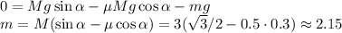 0 = Mg\sin\alpha - \mu M g\cos\alpha - mg\\&#10;m = M(\sin\alpha-\mu\cos\alpha) = 3(\sqrt{3}/2-0.5\cdot0.3) \approx 2.15