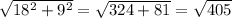 \sqrt{18^2+9^2}= \sqrt{324+81}= \sqrt{405}