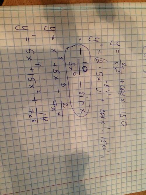 Решите производную y=2/5x^5+cosx-150 y=x^5+5x^3-2/7x^7