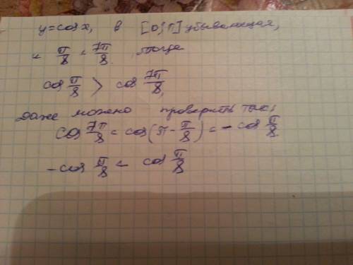 Используя свойства возрастания или убывания функции y=cosx , сравните числа cos п\8 и cos 7п\8