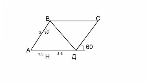 Дан параллелограмм сторона ав=3, ад=5, внешний угол д равен 60 градусов. найдите диагональ вд.