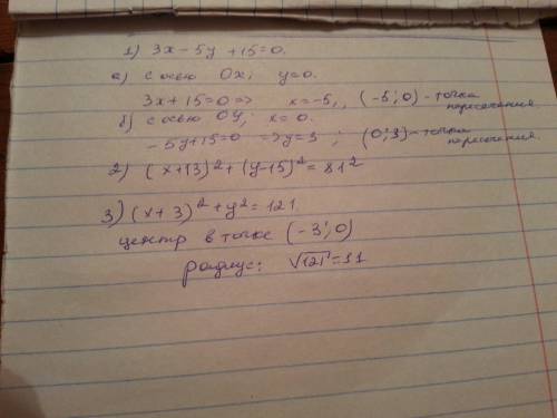 2найдите точки пересечения прямой 3х-5у+15=0 с осями координат 3 а)напишите уравнение окружности рад