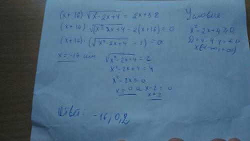 Решите уравнение. (х+16)√х²-2х+4=2х+32 а. -16; -2; 0. б. -16. в. 0; -2. г. -16; -2.