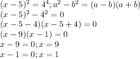 (x-5)^2=4^4 ; a^2-b^2 = (a-b)(a+b) \\&#10;(x-5)^2-4^2=0 \\&#10;(x-5-4)(x-5+4)=0 \\&#10;(x-9)(x-1)=0 \\&#10;x-9 = 0; x = 9 \\&#10;x-1=0; x = 1 \\