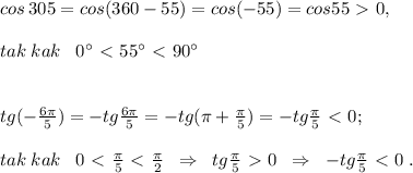 cos\, 305=cos(360-55)=cos(-55)=cos55\ \textgreater \ 0,\; \\\\tak\; kak\; \; \; 0^\circ \ \textless \ 55^\circ \ \textless \ 90^\circ \\\\\\tg(- \frac{6\pi }{5})=-tg\frac{6\pi}{5}=-tg(\pi +\frac{\pi}{5})=-tg\frac{\pi}{5}\ \textless \ 0;\\\\tak\; kak\; \; \; 0\ \textless \ \frac{\pi}{5}\ \textless \ \frac{\pi }{2} \; \; \Rightarrow \; \; tg \frac{\pi}{5} \ \textgreater \ 0\; \; \Rightarrow \; \; -tg \frac{\pi}{5}\ \textless \ 0\; .
