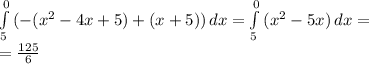 \int\limits^0_5 {(-(x^2-4x+5)+(x+5))} \, dx = \int\limits^0_5 {(x^2-5x)} \, dx = \\ &#10;= \frac{125}{6}