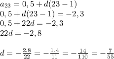 a_{23}=0,5+d(23-1)\\0,5+d(23-1)=-2,3\\0,5+22d=-2,3\\22d=-2,8\\\\d= -\frac{2,8}{22} =- \frac{1,4}{11} =- \frac{14}{110}=- \frac{7}{55}