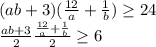 (ab+3)( \frac{12}{a}+ \frac{1}{b} ) \geq 24 \\ &#10; \frac{ab+3}{2} \frac{ \frac{12}{a}+ \frac{1}{b}}{2} \geq 6&#10;
