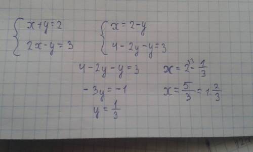 Решите систему уравнений методом подстановки x+y=2 2x-y=3