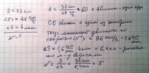 Средняя скорость движения электричек по кольцевой железной дороге протяжённостью 32 км равна 48 км/ч
