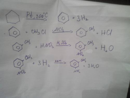 Напишите уравнение следующих превращений циклогексан-бензол-метилбпнзол-п-нитрометилбензол-п-аминоме
