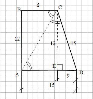 Основания прямоугольной трапеции равны 15см и 6 см,а меньшая диагональ является биссектрисой тупого