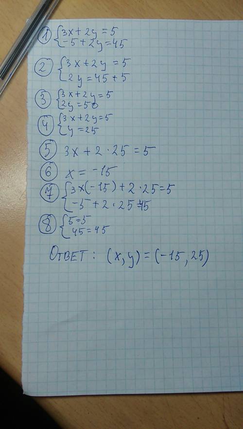 3х+2у=5 { -5+2у=45 найдите решение системы