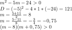 m^2-5m-24\ \textgreater \ 0\\&#10;D=(-5)^2-4*1*(-24)=121\\&#10;m= \frac{5+11}{2} =8\\m= \frac{5-11}{8} = -\frac{3}{4} =-0,75\\(m-8)(m+0,75)\ \textgreater \ 0&#10;
