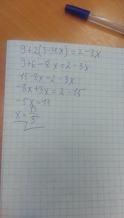Решите уравнение: 9+2(3-4x)=2-3x сейчас надо