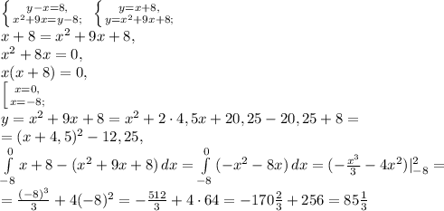 \left \{ {{y-x=8,} \atop {x^2+9x=y-8;}} \right. \ \left \{ {{y=x+8,} \atop {y=x^2+9x+8;}} \right. \\ x+8=x^2+9x+8, \\ x^2+8x=0, \\ x(x+8)=0, \\ \left [ {{x=0,} \atop {x=-8;}} \right. \\ y=x^2+9x+8=x^2+2\cdot4,5x+20,25-20,25+8=\\=(x+4,5)^2-12,25, \\ \int\limits_{-8}^0 {x+8-(x^2+9x+8)} \, dx = \int\limits_{-8}^0 {(-x^2-8x)} \, dx = (-\frac{x^3}{3}-4x^2)|_{-8}^2 =\\= \frac{(-8)^3}{3}+4(-8)^2 = -\frac{512}{3}+4\cdot64 = -170\frac{2}{3}+256 = 85\frac{1}{3}