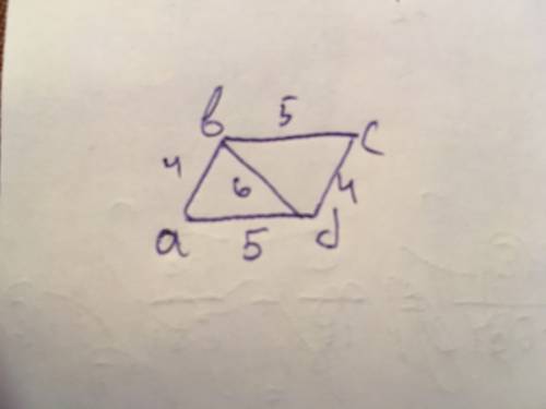Впараллелограмме abcd сторона ab=4 ad=5 bd=6 найдите стороны и углы треугольника bcd