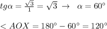 tg\alpha =\frac{\sqrt3}{1}=\sqrt3\; \to \; \; \alpha =60^\circ \\\\\ \textless \ AOX=180^\circ-60^\circ=120^\circ