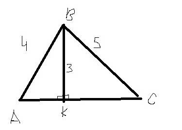 Точка k основание высоты bk треугольника abc. найдите длину стороны ac, если ab=4, bc=5, bk=3