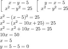 \left[\begin{array}{ccc}x-y=5\\x^2-y^2=25\end{array}\right\left[\begin{array}{ccc}y=x-5\\x^2-y^2=25\end{array}\right\\\\x^2-(x-5)^2=25\\x^2-(x^2-10x+25)=25\\x^2-x^2+10x-25=25\\10x=50\\x=5\\y=5-5=0