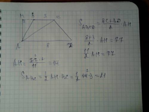 Втрапеции abcd известно, что ad=8 , bc=3, а её площадь равна 77. найдите площадь треугольника abc. т