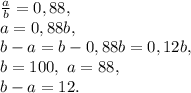 \frac{a}{b}=0,88, \\ a=0,88b, \\ b-a=b-0,88b=0,12b, \\ b=100, \ a=88, \\ b-a=12.