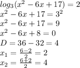 log_3(x^2-6x+17)=2 \\&#10;x^2-6x+17 = 3^2\\&#10;x^2-6x+17 = 9\\&#10;x^2-6x+8=0\\&#10;D = 36-32=4\\&#10;x_1 = \frac{6-2}{2} =2\\&#10;x_2 = \frac{6+2}{2} =4