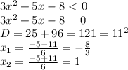 3x^2+5x-8\ \textless \ 0 \\ 3x^2+5x-8=0 \\ D=25+96=121=11^2 \\ x_{1}= \frac{-5-11}{6}=- \frac{8}{3} \\ x_{2}= \frac{-5+11}{6}=1