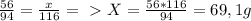 \frac{56}{94} = \frac{x}{116} =\ \textgreater \ X = \frac{56*116}{94} = 69,1g