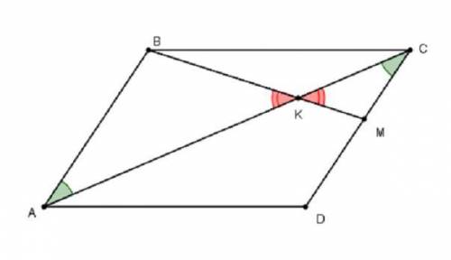 Вершина b параллелограмма abcd соединена с точкой m на стороне cd отрезок bm пересекает диагональ ac