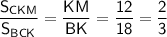 \sf \dfrac{S_{CKM}}{S_{BCK}}=\dfrac{KM}{BK}=\dfrac{12}{18}=\dfrac{2}{3}