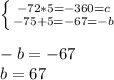 \left \{ {{-72*5=-360=c} \atop {-75+5=-67=-b}} \right. \\ \\ -b=-67 \\ b=67