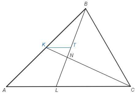 Втреугольнике abc точка k — середина отрезка ab. точка l принадлежит ас, причем al=4 lc=6. отрезки c