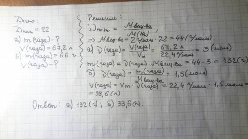 Относительная плотность газа по водороду равна 22. а) вычислите массу 67,2 л этого газа при н. у. б)