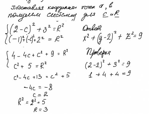 Напишите уравнение сферы проходящей через точки a(0; 2; 3) b(-1; 0; 2) с центром на оси oy заранее )
