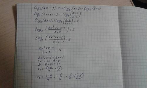 Log2(2x-1)-2=log2(x+2)-log2(x+1) решите уравнение