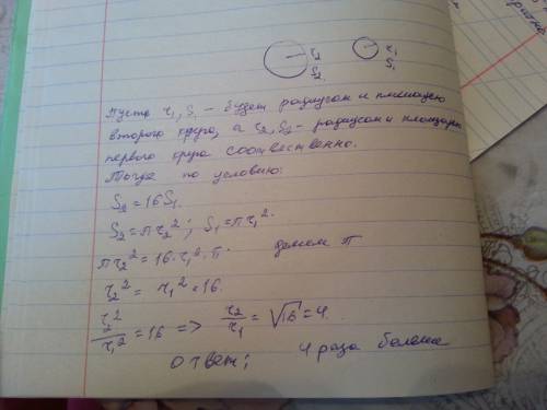 Площадь круга в 16 раз больше площади второго круга. во сколько раз радиус первого круга больше ради
