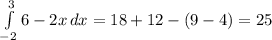 \int\limits^3_{-2} {6-2x} \, dx =18+12-(9-4)=25