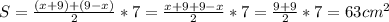 S= \frac{(x+9)+(9-x)}{2}*7= \frac{x+9+9-x}{2} *7= \frac{9+9}{2}*7=63 cm^2