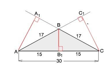 Найдите высоты равнобедренного треугольника,если его боковая сторона равна 17 см,а основание 30 см