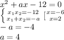 x^2+ax-12=0\\ \left \{ {{x_1x_2=-12} \atop {x_1+x_2=-a}} \right. [{ {{x=-6} \atop {x=2}} \right. \\-a=-4\\a=4